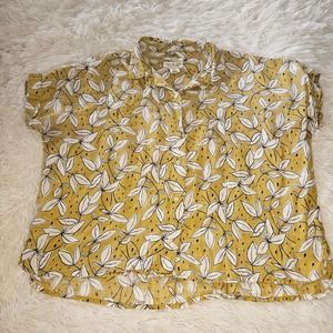Rachel Zoe 100% Linen Short-Sleeved Blouse Mustard Yellow White Leaf Size Small